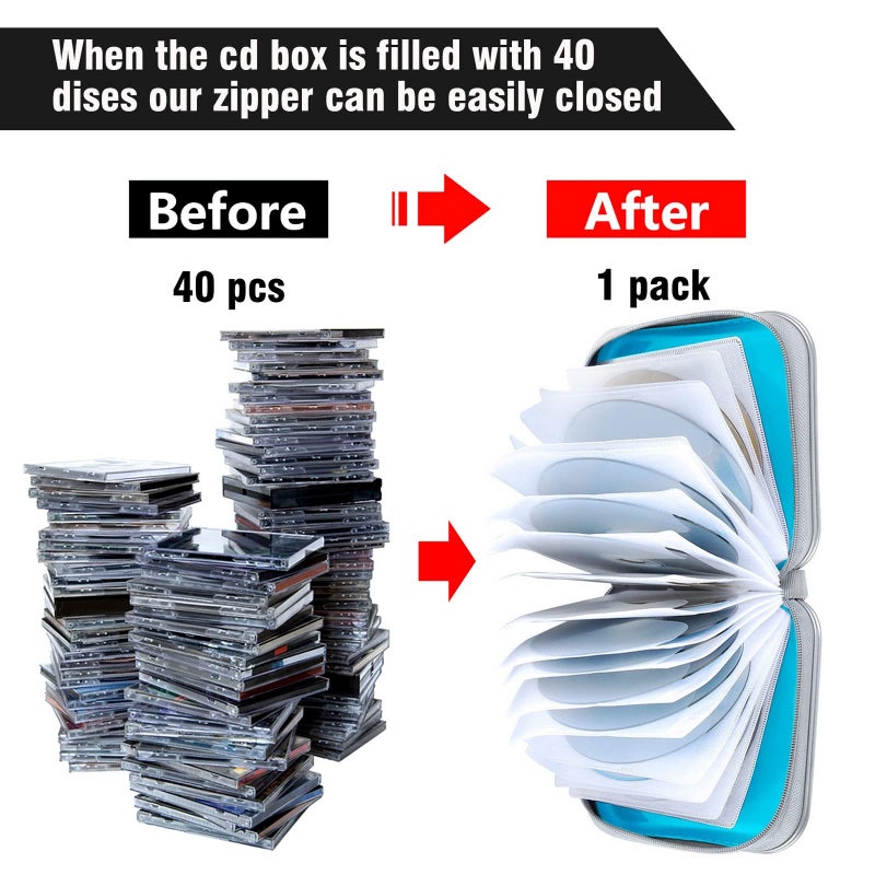 Siveit CD Case, 40 Capacity CD/DVD Case Holders Wallet Hard Plastic DVD Disc Cases Storage Binder for Car Home Office Travel (Sky Blue) - Image 4